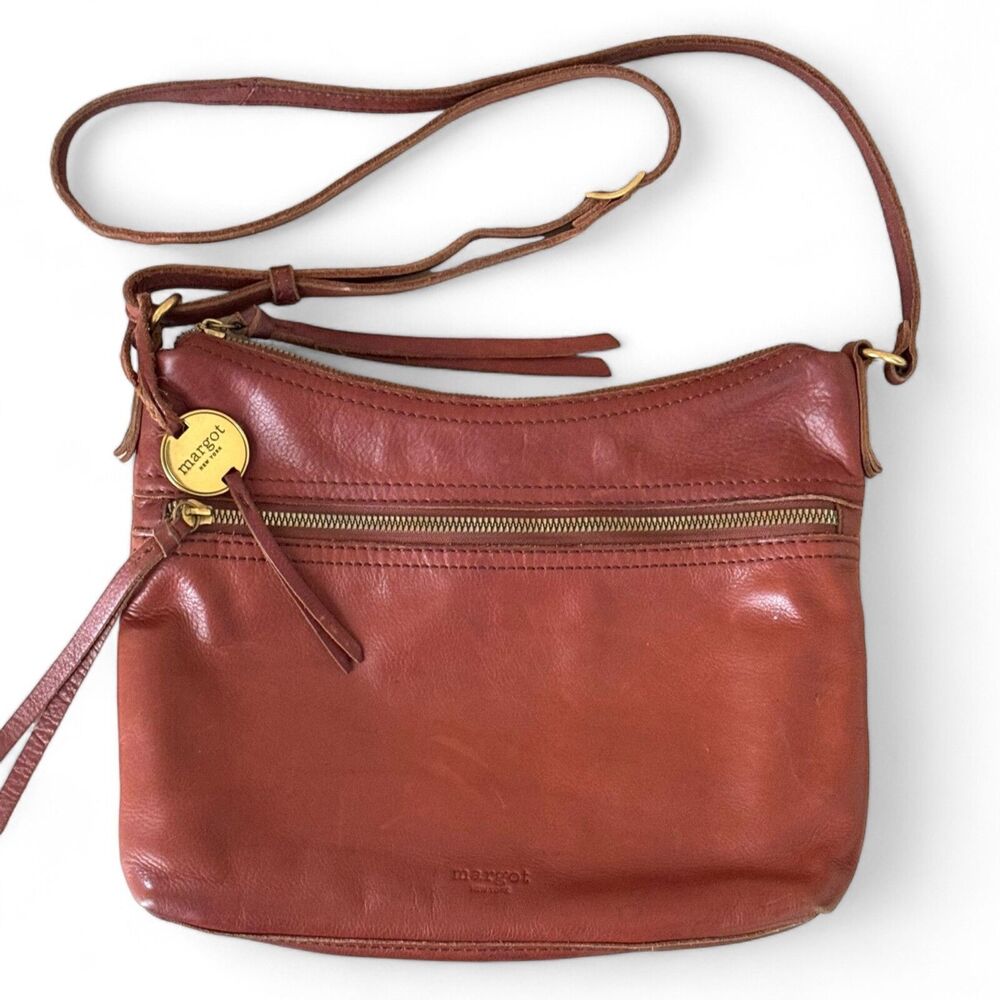 Margot NY Mary Scoop Slim Crossbody Purse Leather Cognac Brown 10x9x2